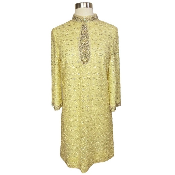 Vintage 50’s Yellow Beaded Lace Mock Neck Long Sleeve Shift Dress Size M/L - Picture 2 of 13